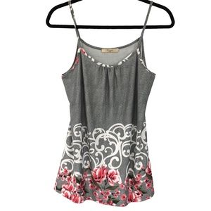 Celeste Gray Camisole Tank Top with White Scrolls & Pink Flowers M